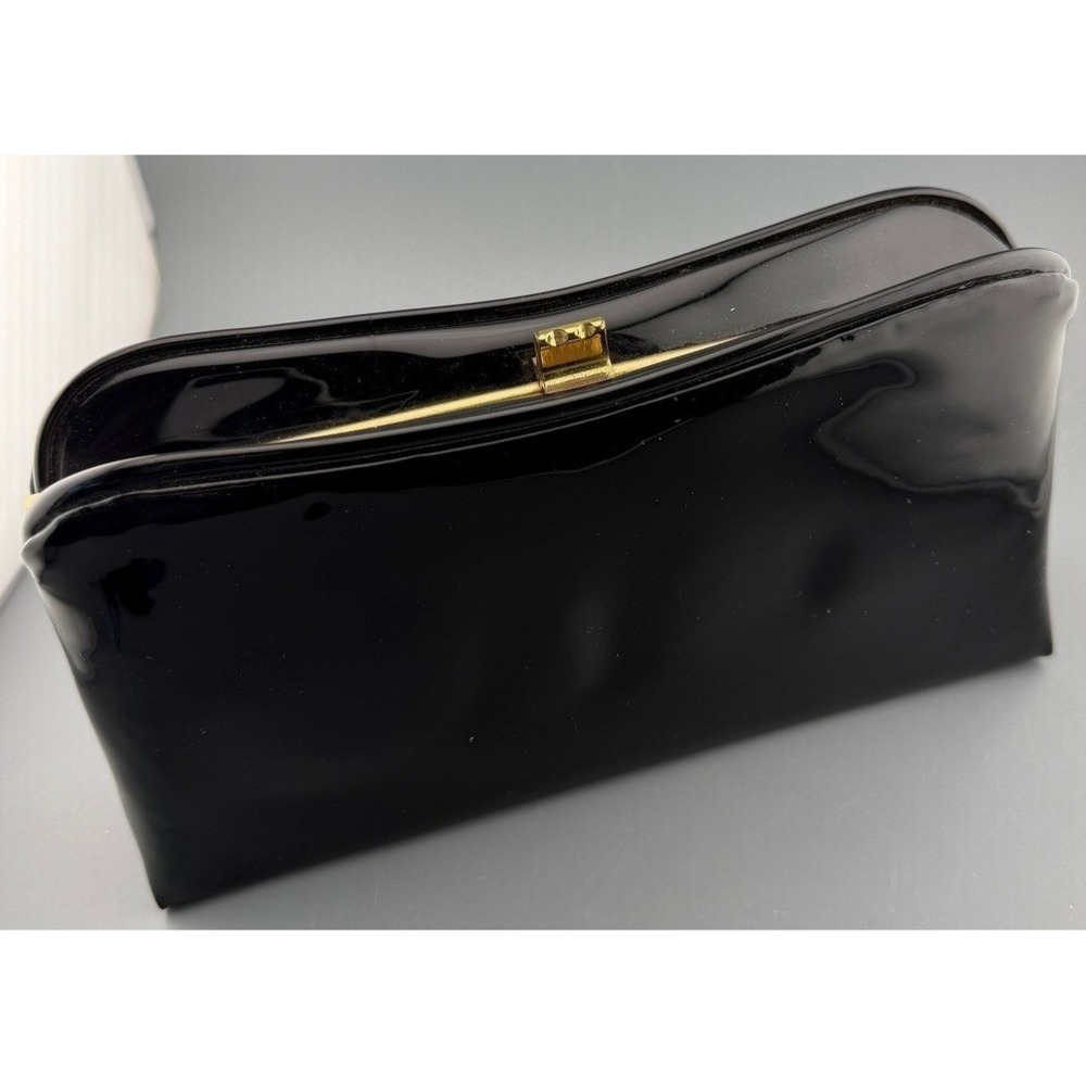 Vintage Clutch Purse Black Patent Gold Tone Kiss Lock Talon Zip Evening Bag 9"
